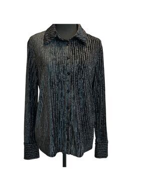 House of Harlow 1960 black velvet silver metallic striped button-front blouse M